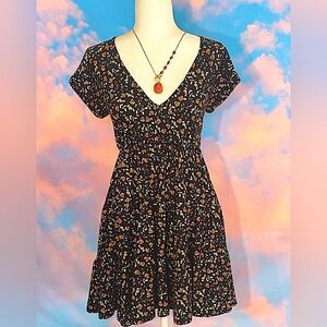 Adorable Black Floral Deep-V Skater Mini Dress (Sz. Small)